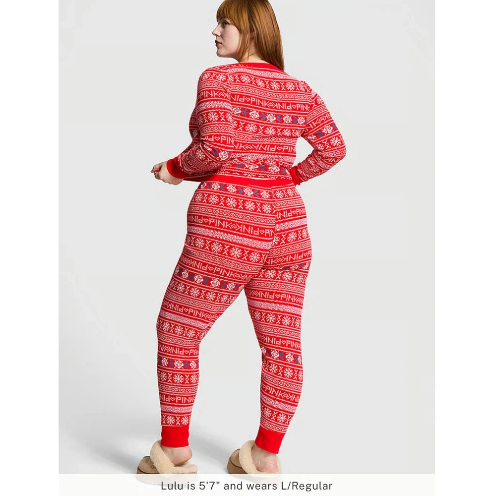 Victoria Secret PINK Thermal Long Pajama Set RED Bright Vermillion Print - SMALL - Picture 4 of 4